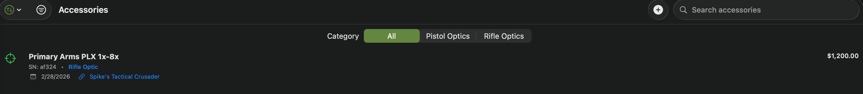 Mac — Accessories list showing optics with serial numbers and linked firearms